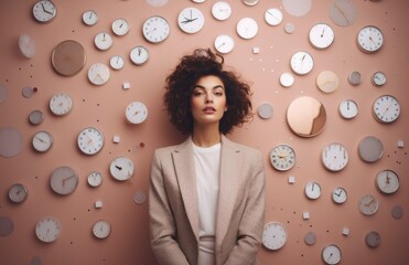 Menstrual cycle syncing concept. Young woman with analog clocks on the wall. Ai generated background - obrazy, fototapety, plakaty