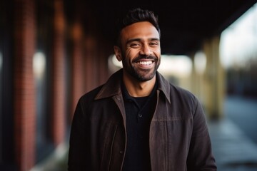 Fototapeta premium Portrait of a handsome young Indian man smiling and looking at camera.