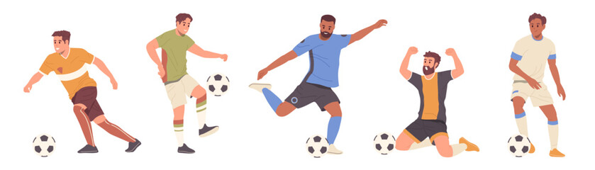 Isolated set of soccer football player team mates jumping, running and kicking ball playing game © Iryna Petrenko