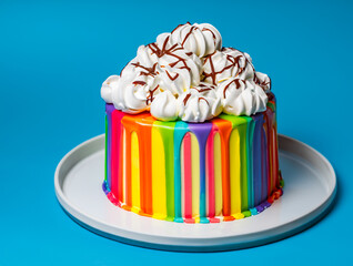 Colorful multicolored cake with icing and candies