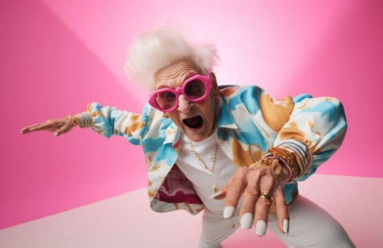 Elderly woman in youthful clothes dancing breakdance. Energetic retired senior background. AI generated image