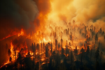 A large-scale forest fire, top view. The forest is burning. Ecological disaster, natural cataclysm
