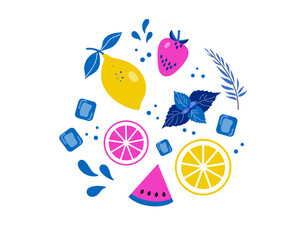 Set of ingredients lemon, ice, mint  , watermelon, strawberry for  bubble tea or lemonade, smoothie or summer refreshment and drink. Vector illustration.