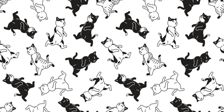 cat seamless pattern walking kitten running neko vector cartoon character pet breed gift wrapping paper tile background repeat wallpaper animal doodle illustration design scarf isolated