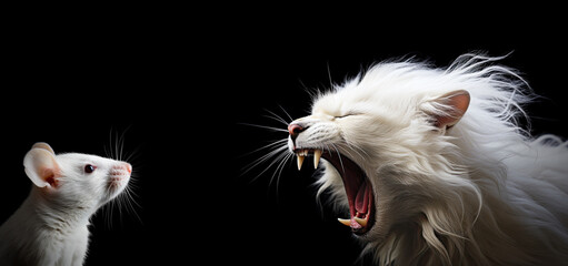 Domestic Cat Shouting at Mouse Isolated on Black Background, Business Meeting Concept, Marital Quarrel Banner. - obrazy, fototapety, plakaty