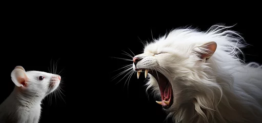 Foto op Aluminium Domestic Cat Shouting at Mouse Isolated on Black Background, Business Meeting Concept, Marital Quarrel Banner. © fotoyou