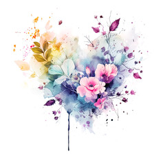 Watercolor Flowers in Shape of Heart. Love Symbol on White Background.