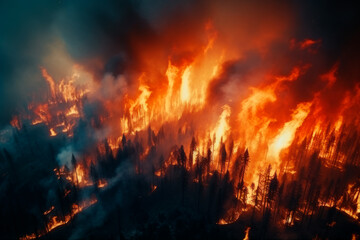 A large-scale forest fire, top view. The forest is burning. Ecological disaster, natural cataclysm