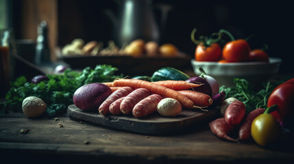 Delicious letcho - vegetables with sausages on wooden table.