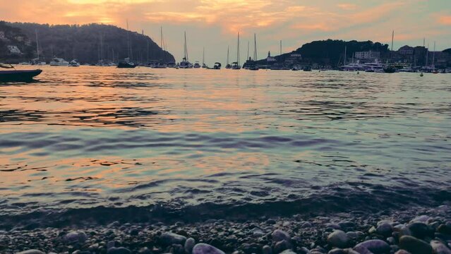 Majorca. Spain. Panorama of the Spanish city of Port Soller. Summer. Yachts in the bay.