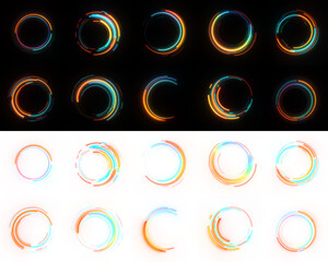 Vibrant Neon Circle Elements, isolated on black and transparent PNG background for easy overlay layer effect. Eye-Catching Neon Symbol, neon-infused circular graphic element, overlay tech design.