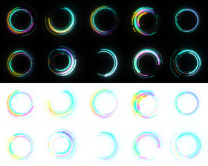 Neon Circle Graphic Elements, isolated on black and transparent PNG background for easy overlay layer effect. Eye-Catching Neon Symbol, neon-infused circular graphic element, overlay tech design.
