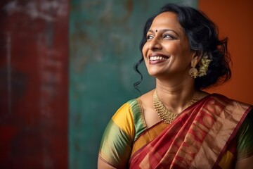 Fototapeta premium Portrait of a beautiful Indian woman in saree smiling at the camera