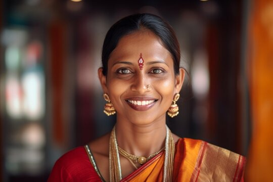 Medium shot portrait of an Indian woman in her 40s wearing bindi and traditional jewelry in an abstract background