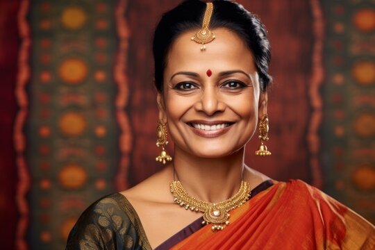 Close-up portrait of an Indian woman in her 40s wearing bindi and traditional jewelry in an abstract background