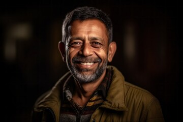 Obraz premium Portrait of a handsome Indian man smiling in the city at night