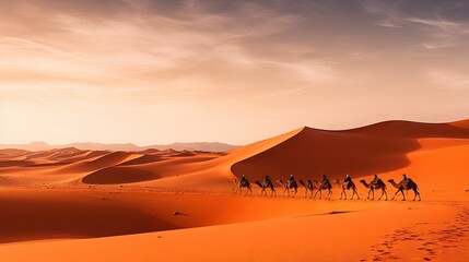 Fototapeta na wymiar a group of people riding camels across a sandy desert. generative ai