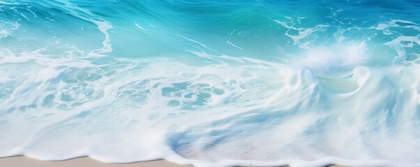 Fototapeta na wymiar White sand beach with transparent water wave from above, background concept banner for summer vacation holidays