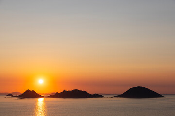 Sunset at the Aegean coast of Turkey, Turgutreis, Bodrum with islands. 