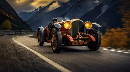 Vintage car on wet highway in autumn - AI Generated