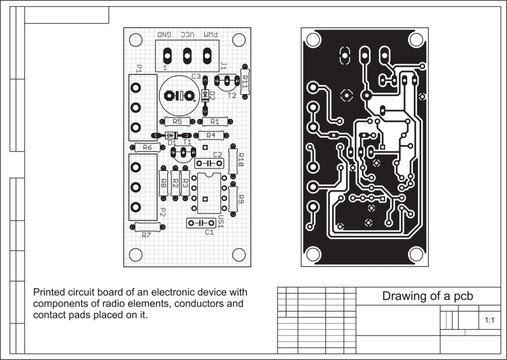 Vector printed circuit board of an electronic device with components of radio elements, conductors and contact pads placed on it. Engineering drawing with grid.