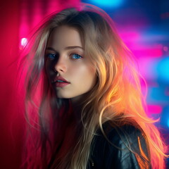 Beautiful woman photo with blonde hair in colorful lights - AI Generated