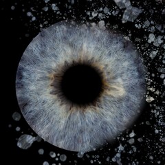 Closeup of a human eye on a dark background, with a sparkling golden glitter emanating from it