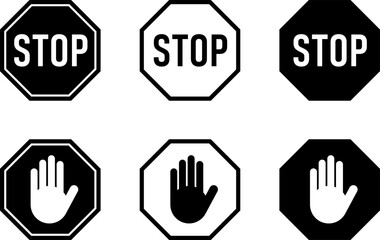 Icon Set of Black Stop Sign and Stop Hand Adblock Octagonal Symbol. Vector Image.