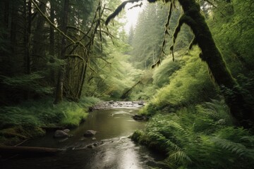 Fototapeta na wymiar A serene stream flowing through a vibrant green forest