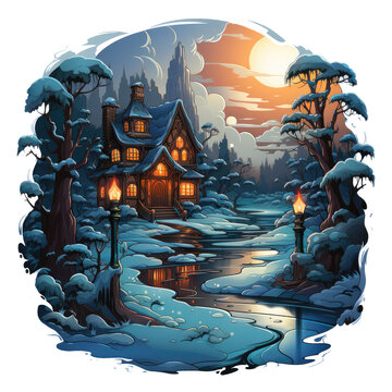 An enchanting Christmas Candle t-shirt design featuring a snowy landscape with a winding path leading to a hidden cottage nestled among evergreen trees, Generative Ai