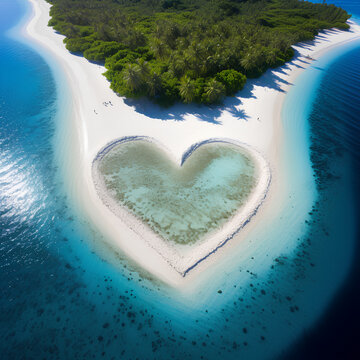 Aerial View Of An Island And Ocean With A Heart Shape In The Sand