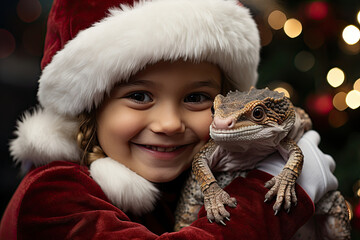 portrait of a girl in a christmas hat with iguana