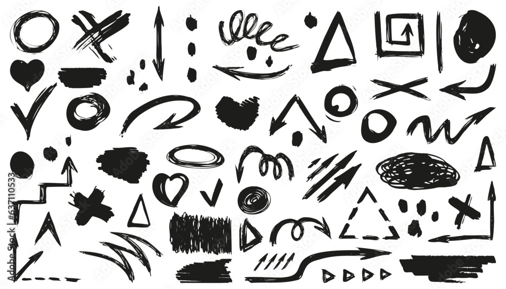 Poster abstract black design element collection in grunge style and brush ink style. arrow, circle, heart, 