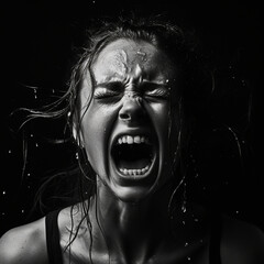 CFC2023CT, krzycząca kobieta, zdjęcie biało czarne. - obrazy, fototapety, plakaty