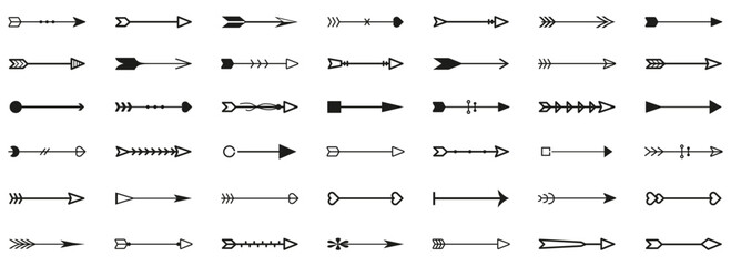 Vintage arrow icon element collection for design. Set of black arrow icons. Retro bow arrow element for decoration