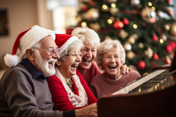 Elderly Friends Gathering Around a Piano for a Christmas Sing-Along , Christmas  