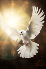Global peace concept, a white dove holding an olive branch