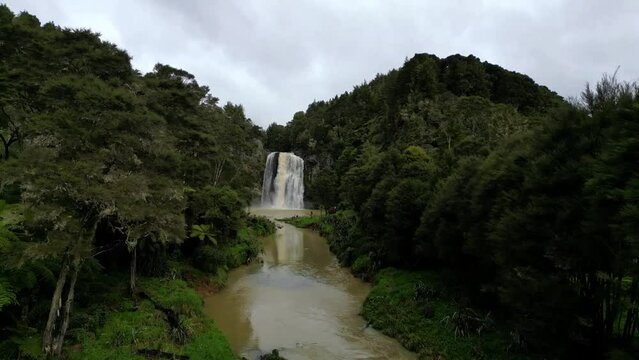 Landscape scene of Hunua Falls with vegetation trees in Hunua, New Zealand