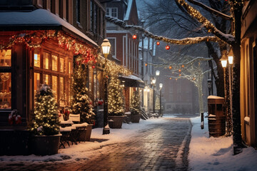 Fototapeta na wymiar Quiet Streets Decorated with Twinkling Lights and Snowfall on Christmas Eve , Christmas Eve 