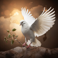 Global peace concept, a white dove holding an olive branch