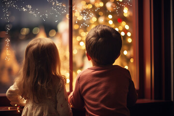Children Gazing Out the Window, Looking for Signs of Santa's Arrival , Christmas Eve  