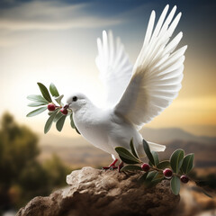 Global peace concept, a white dove holding an olive branch - 637110928