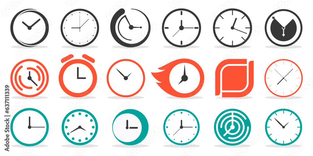 Poster clock icon collection. set of abstract time clock icons. express delivery, time, deadline logo colle