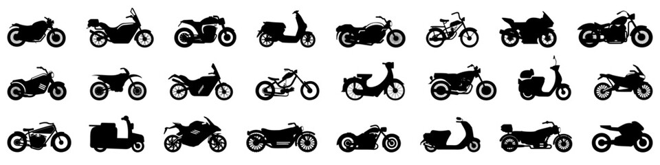 Motorcycle silhouette collection. Set of black motorbike icons. Motorcycles of different types. Motorcycle vector silhouette collection