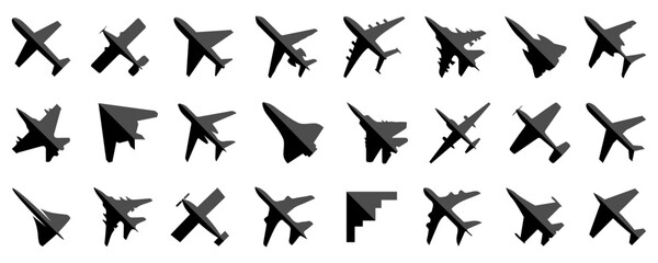 Black airplane icon collection. Set of black plane silhouette icon. Aircraft, plane, airplane, jet icon collection © top dog