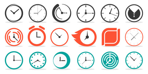 Clock icon collection. Set of abstract time clock icons. Express delivery, time, deadline logo collection. Watch and clock icons collection