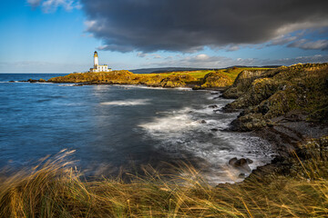 Stormy day at Turnberry Lighthouse and Golf course on the Ayrshire coast in Scotland