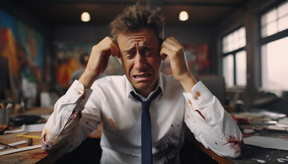 Stress, headache and multitask with business man in office for deadline, burnout and overworked. Mental health, anxiety and tired with depressed male employee for frustrated, fatigue and crisis - obrazy, fototapety, plakaty
