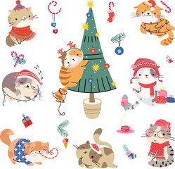 Cartoon christmas kitten, happy holiday cats in xmas outfits. Funny cute pets in ornamental scarf and sweaters. Isolated nowaday winter vector animals