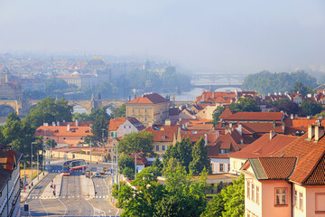 Cityscape - top view of the historical center of Prague near the Charles Bridge, Czech Republic